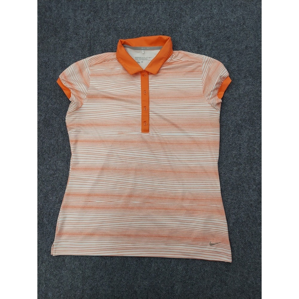 Nike‎ Tour Performance golf Shirt Womens Large Orange striped Cap Sleeve Polo